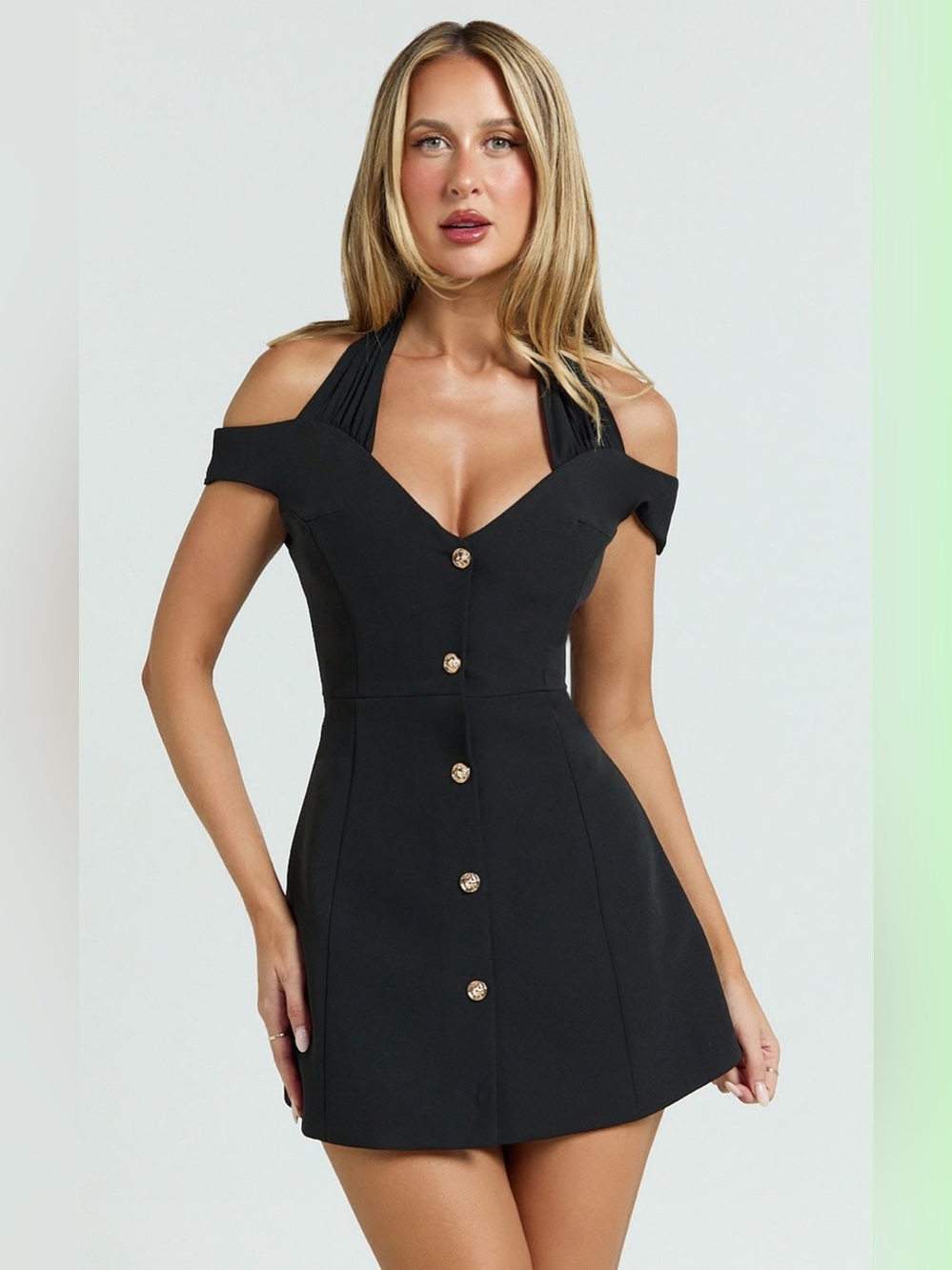 Showpo Off-Shoulder Black Button-Front Mini Dress - Picture 2 of 4